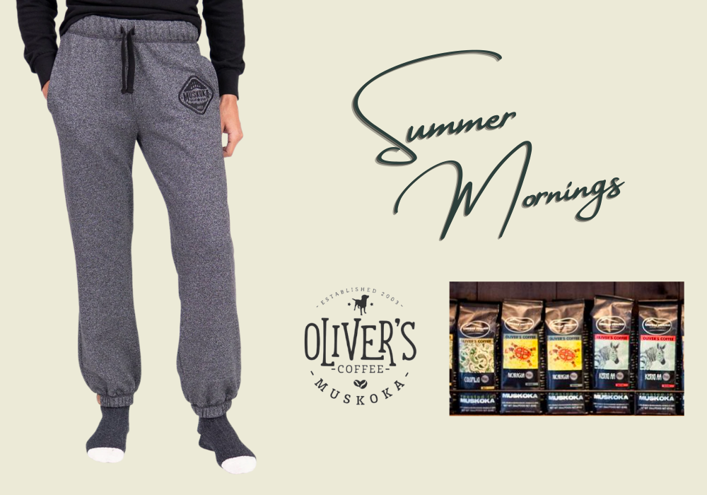 Graphic with MBW Heather Black Men's Pants, bags of Coffee, the Olivers Coffee Co Logo and the text Summer Mornings