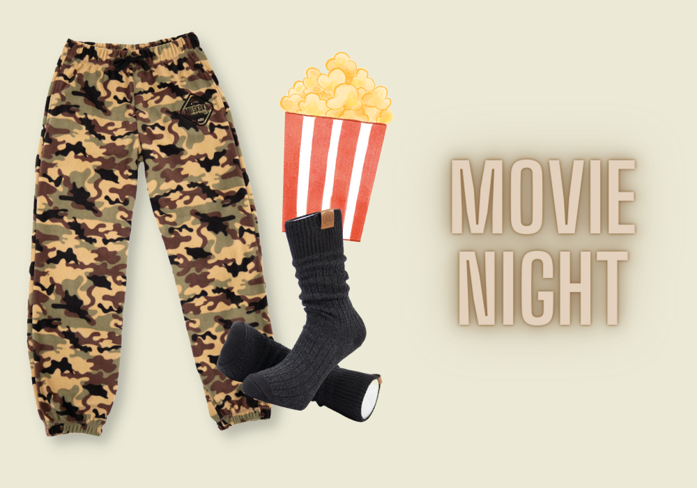 Graphic with camo pj pants, grey and black socks,  a red and white striped container of popcorn and the text Movie Night