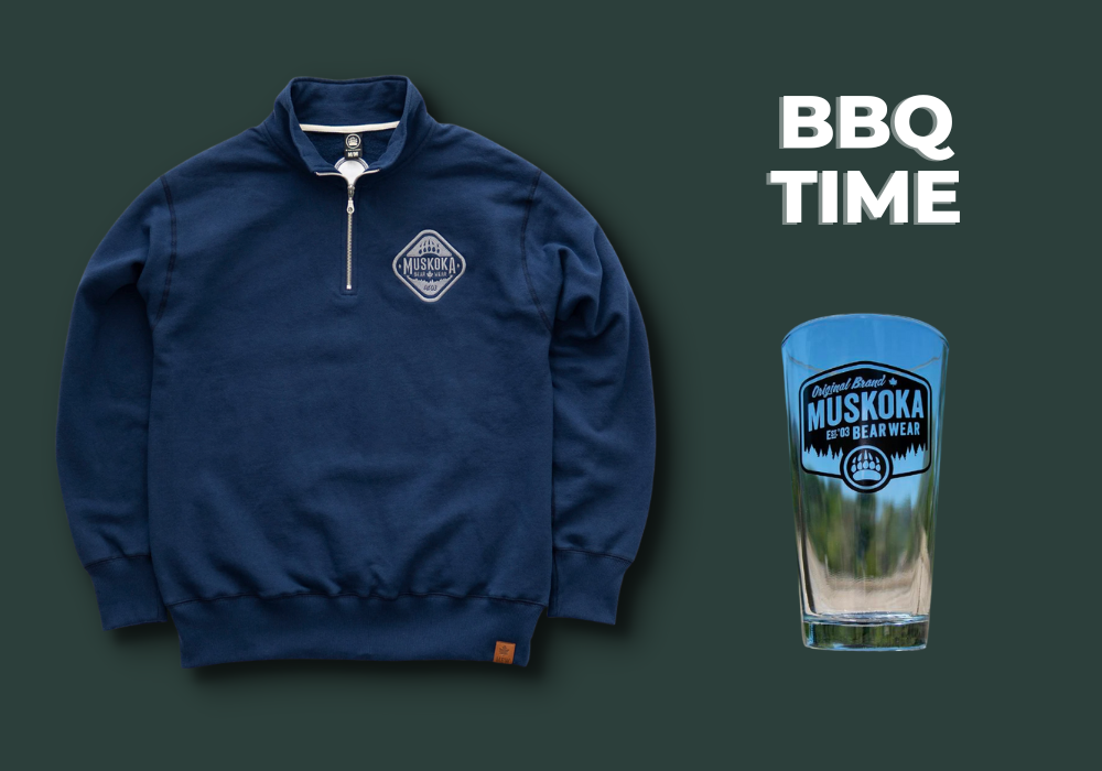 Graphic with a navy Muskoka Bear Wear Quarter zip, MBW glass and the text BBQ Time