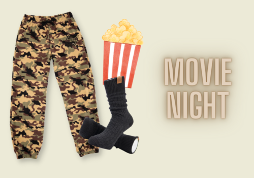 Graphic with camo pj pants, grey and black socks, a red and white striped container of popcorn and the text Movie Night